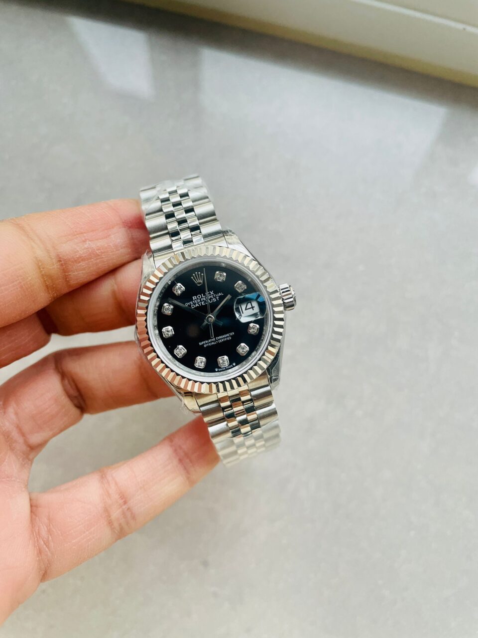 Rolex Datejust 28mm 904L SS Black Dial Diamond markers