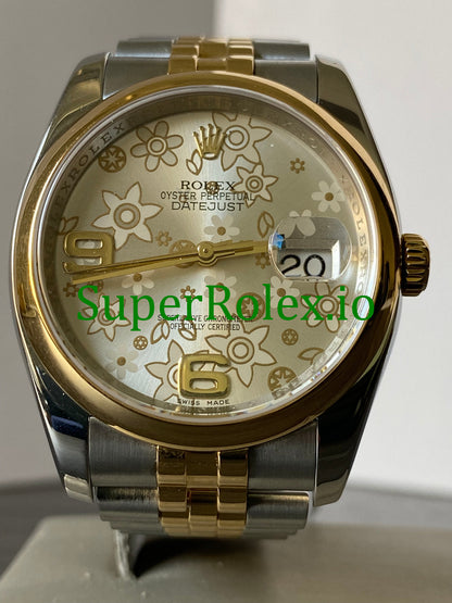 Rolex Datejust 36 Yellow Gold Silver Floral Motif Dial Ref.116203