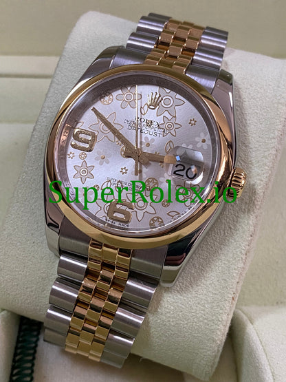 Rolex Datejust 36 Yellow Gold Silver Floral Motif Dial Ref.116203