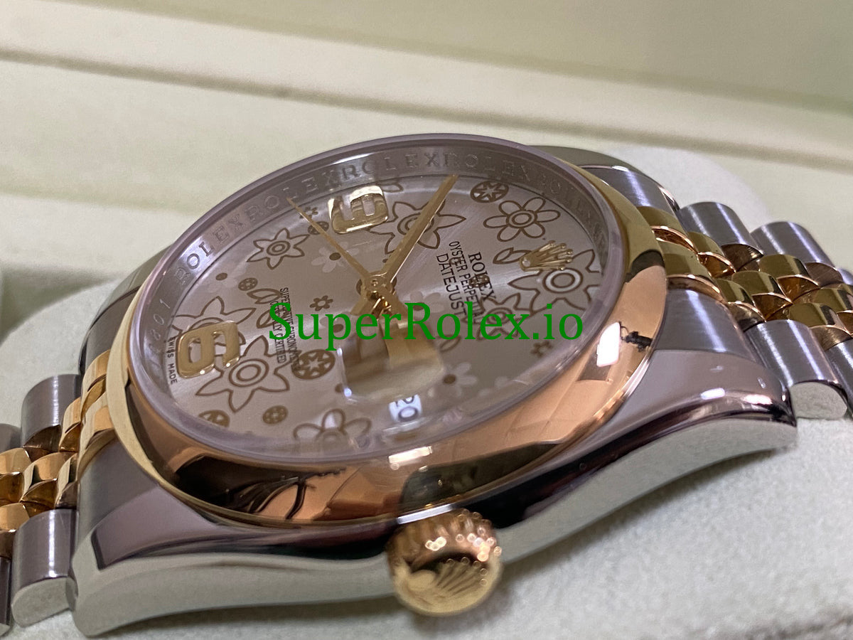 Rolex Datejust 36 Yellow Gold Silver Floral Motif Dial Ref.116203