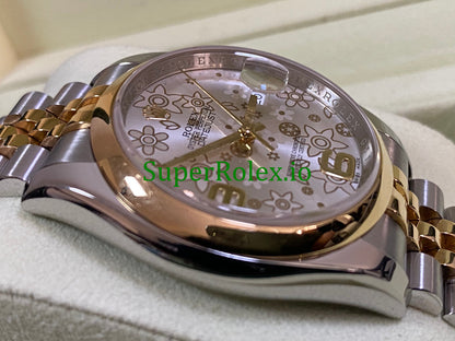 Rolex Datejust 36 Yellow Gold Silver Floral Motif Dial Ref.116203