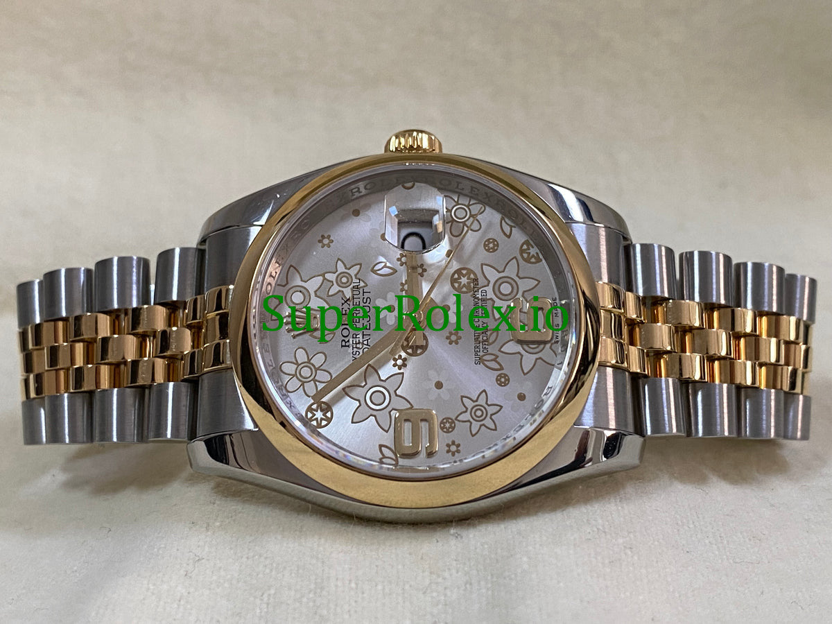 Rolex Datejust 36 Yellow Gold Silver Floral Motif Dial Ref.116203