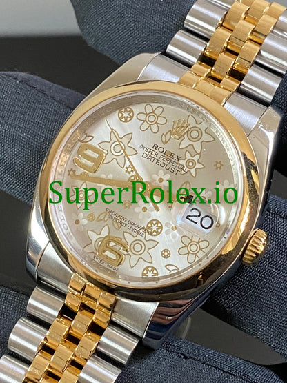 Rolex Datejust 36 Yellow Gold Silver Floral Motif Dial Ref.116203