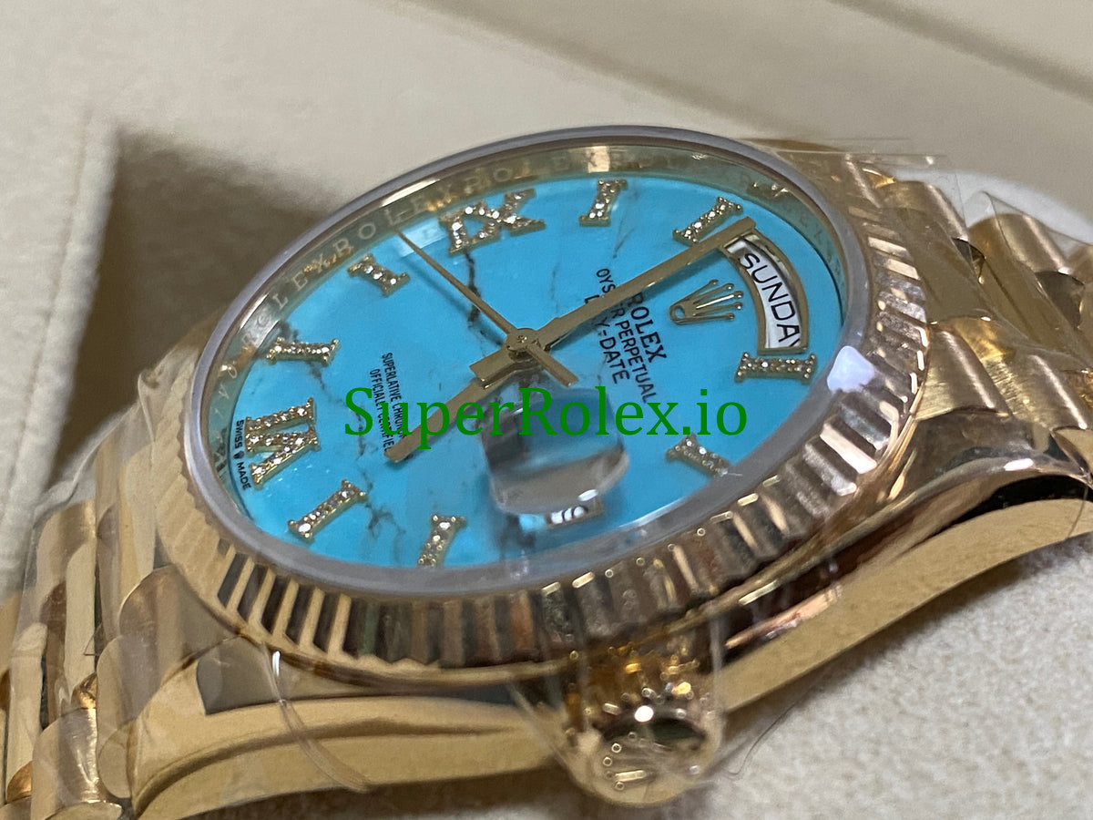 Rolex Day-Date 36MM Yellow Gold Turquoise Diamond-Set Dial Ref.128238