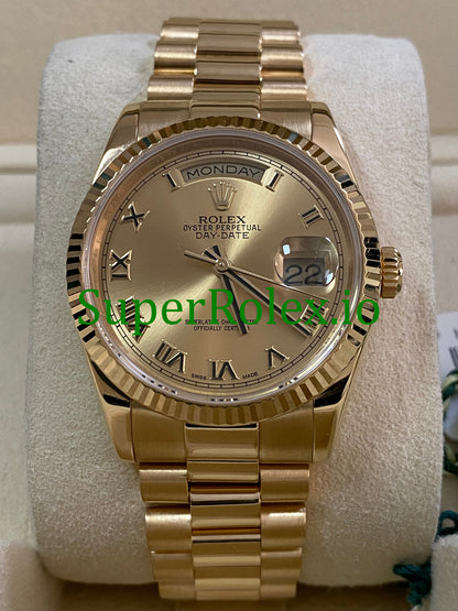 Rolex Day-Date 36MM Yellow Gold Champagne Roman Dial Ref.118238